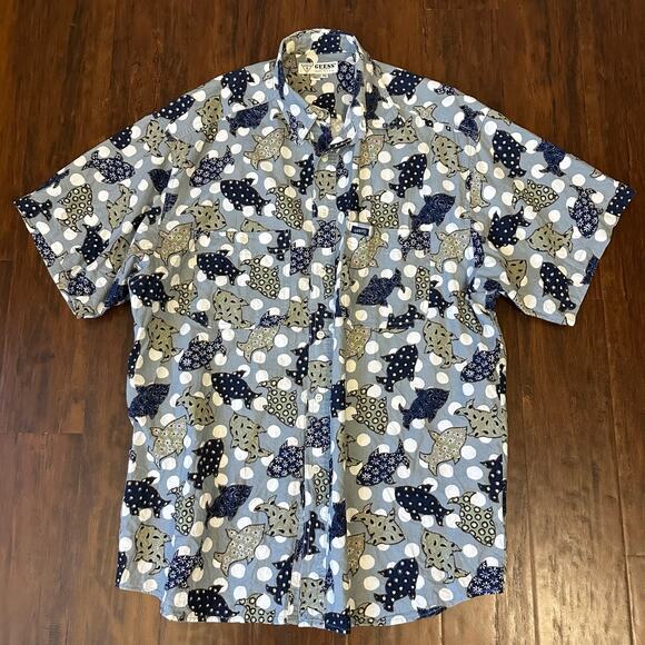 Vintage GUESS Shirt Blue Fish Floral All Over Print Button Up Cotton USA - Picture 3 of 11